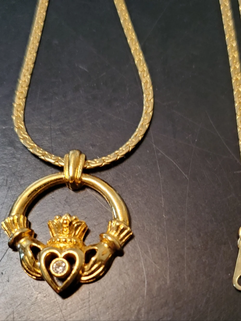 Faux Gold Claddagh Pendant Necklace with Heart and‎ Clear Stone